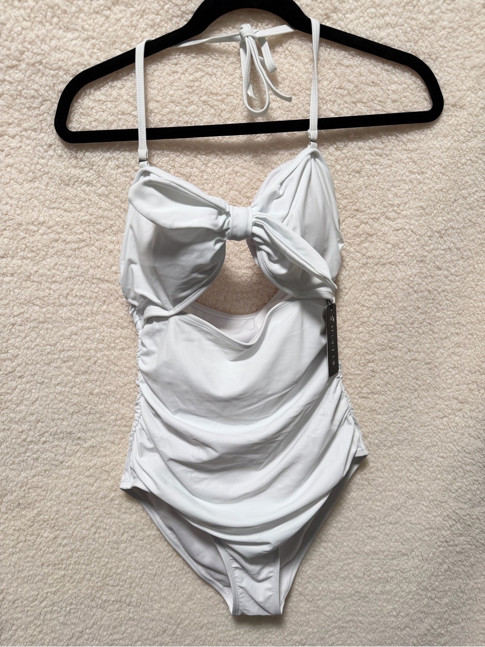 White Ruched Cutout Halter One-Piece Swimsuit Removable Strap Tempt Me NEW